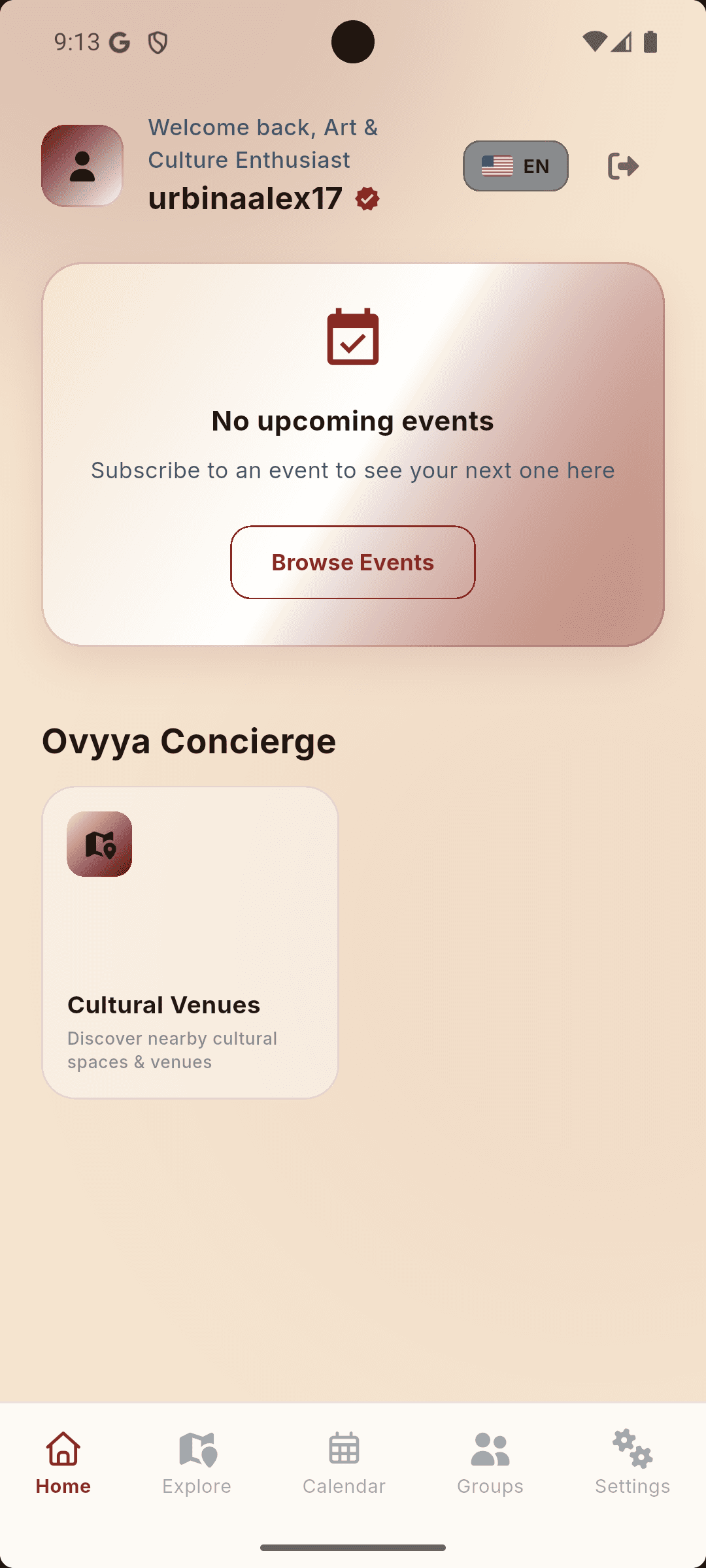 Home screen with no upcoming events