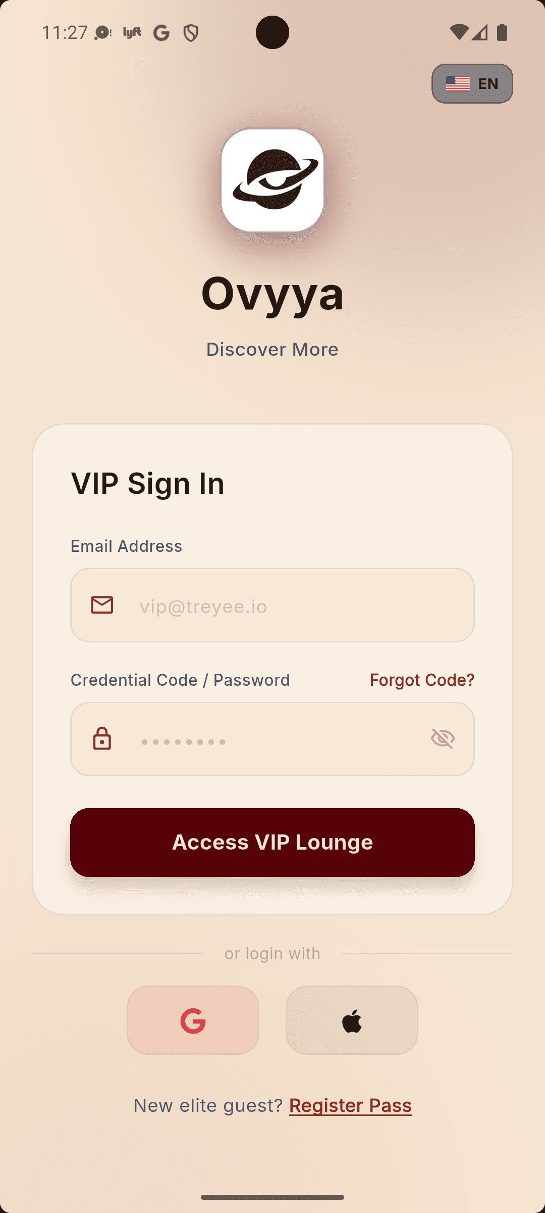 Ovyya sign-in screen