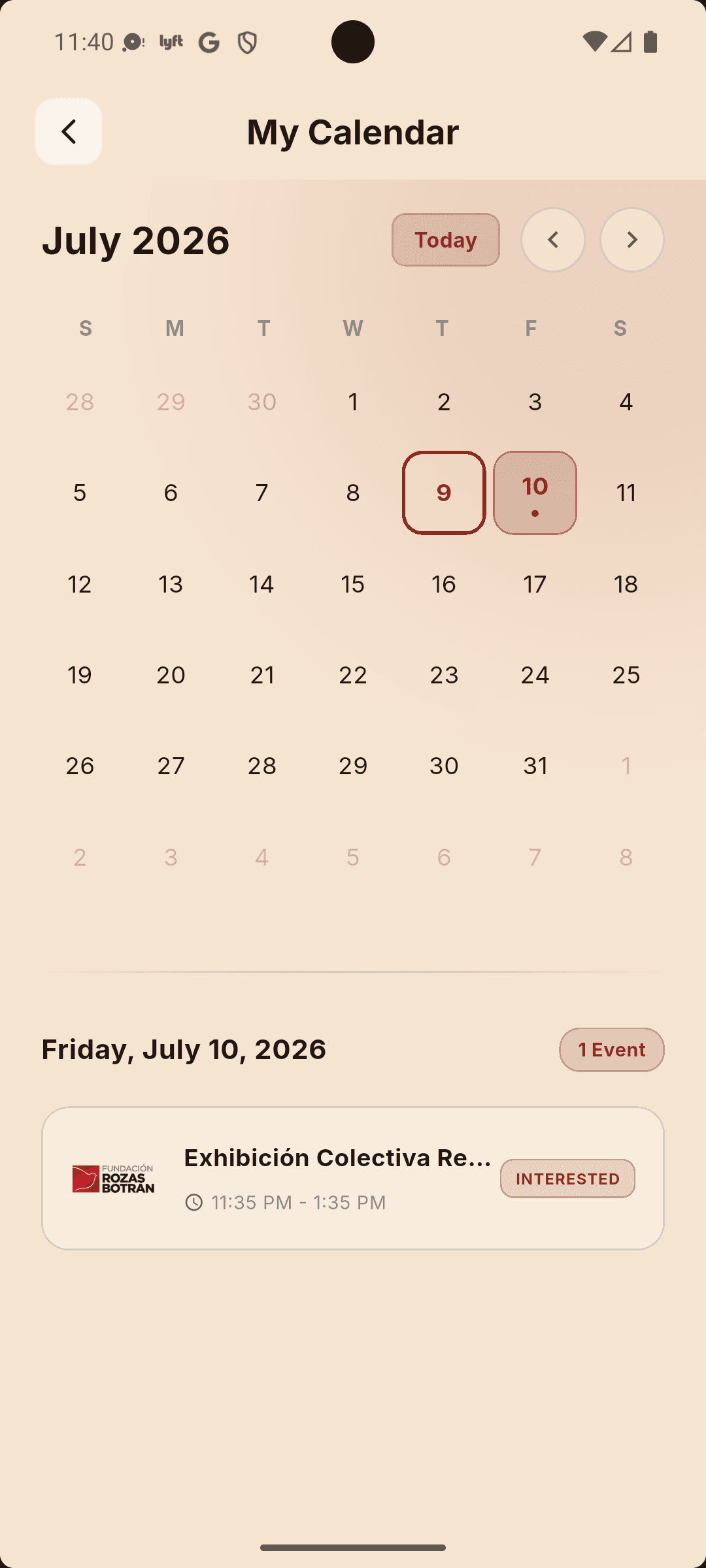 Calendar showing tracked cultural exhibitions