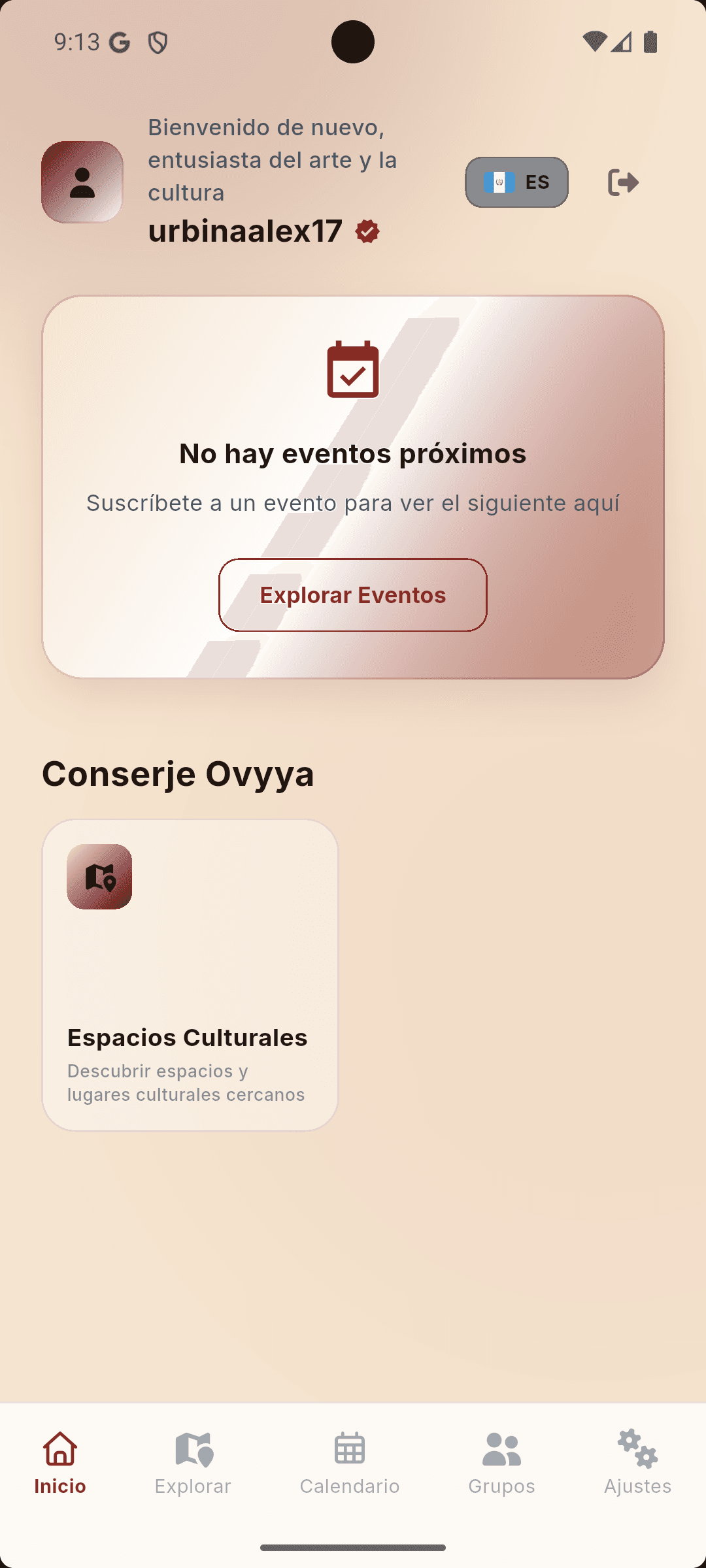 Pantalla de inicio sin eventos próximos