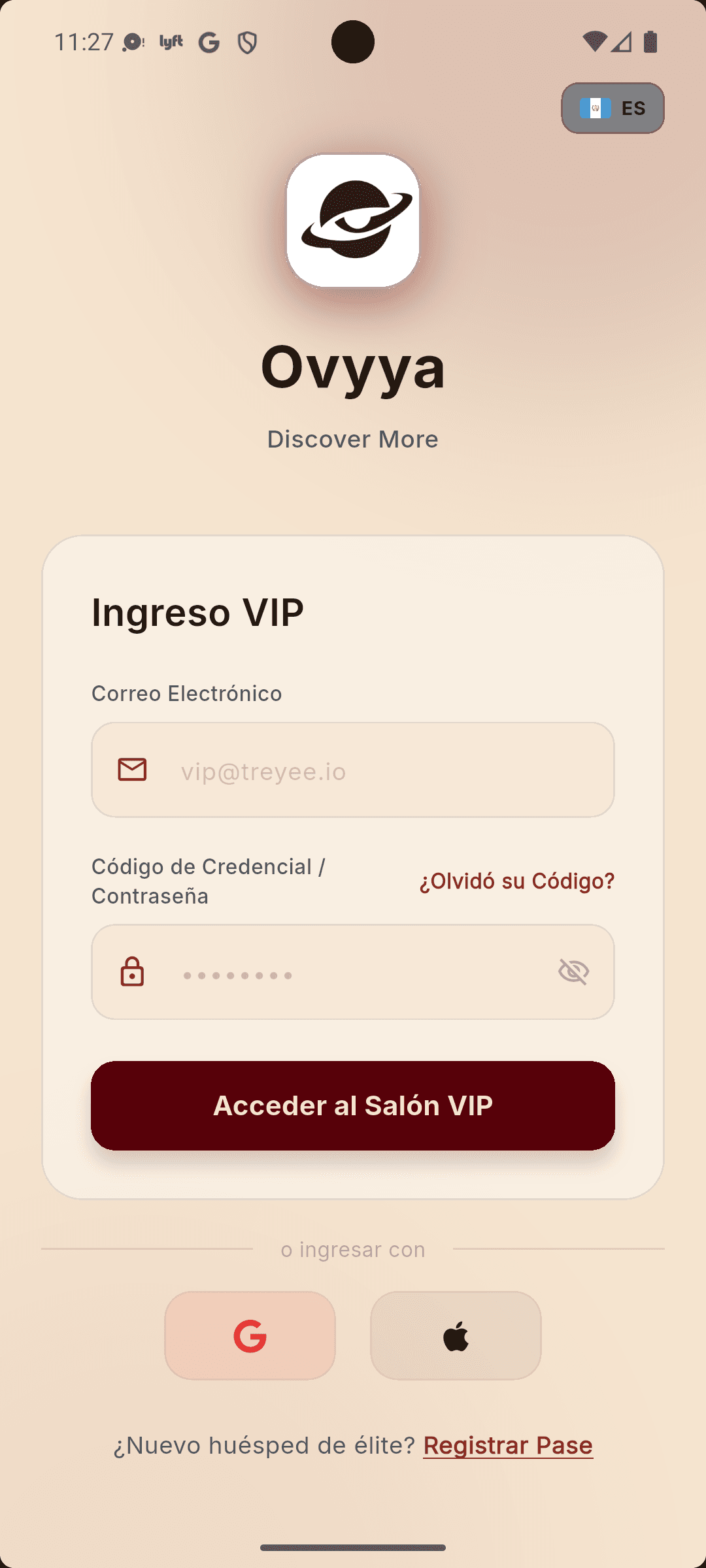 Pantalla de inicio de sesión de Ovyya