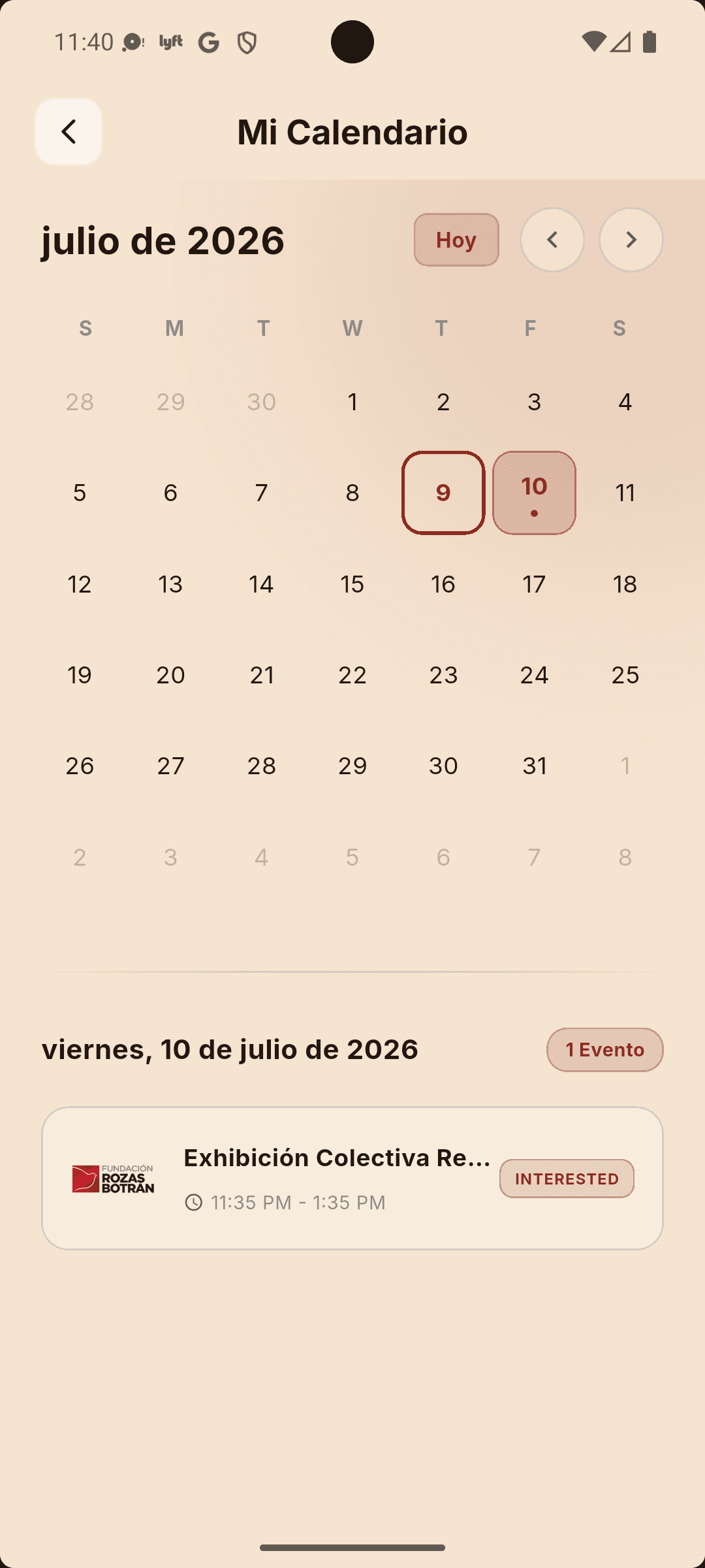 Calendario con las exhibiciones que estás siguiendo