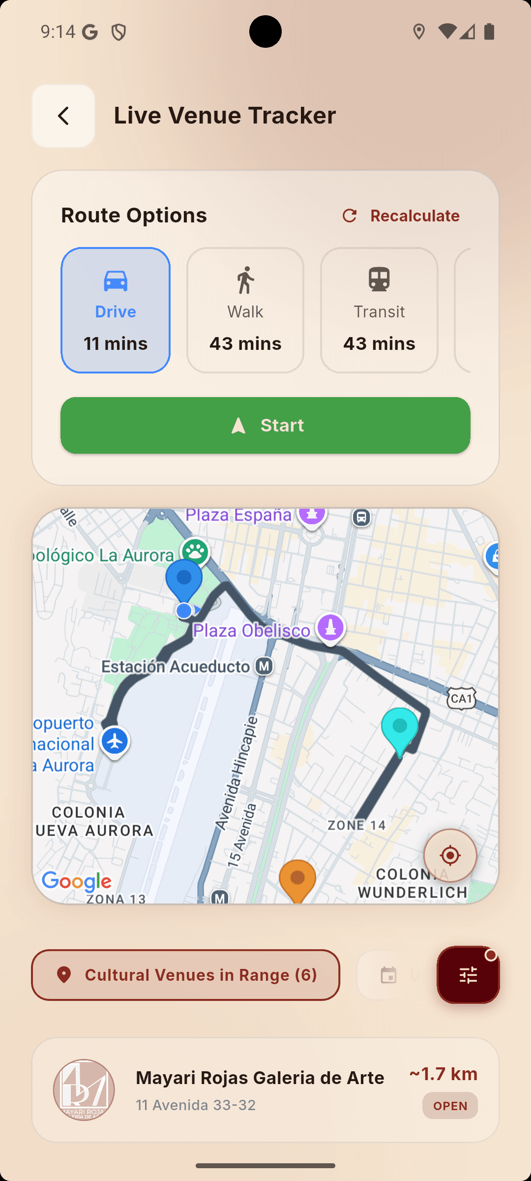 Route options screen — walk, transit, and rideshare