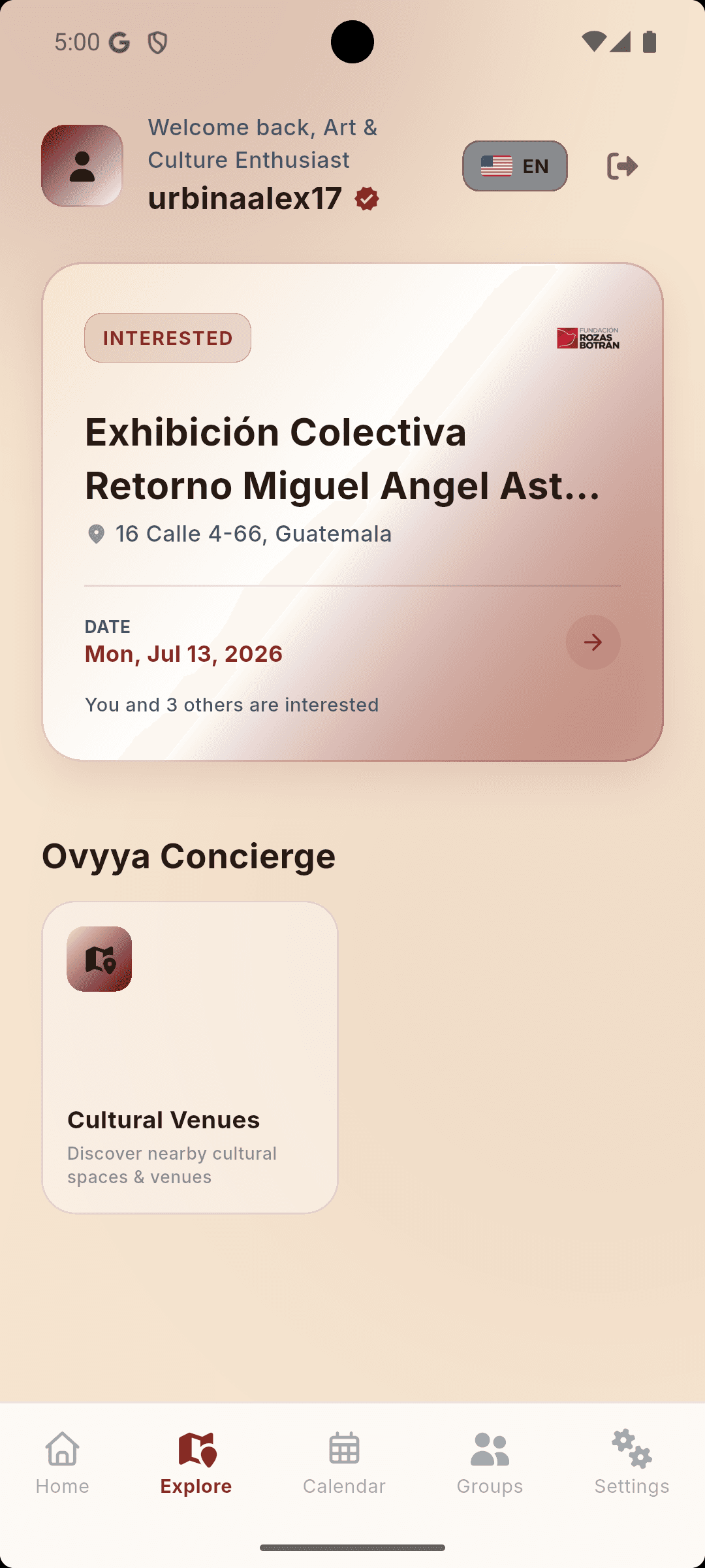 Home screen showing an upcoming exhibition at the top