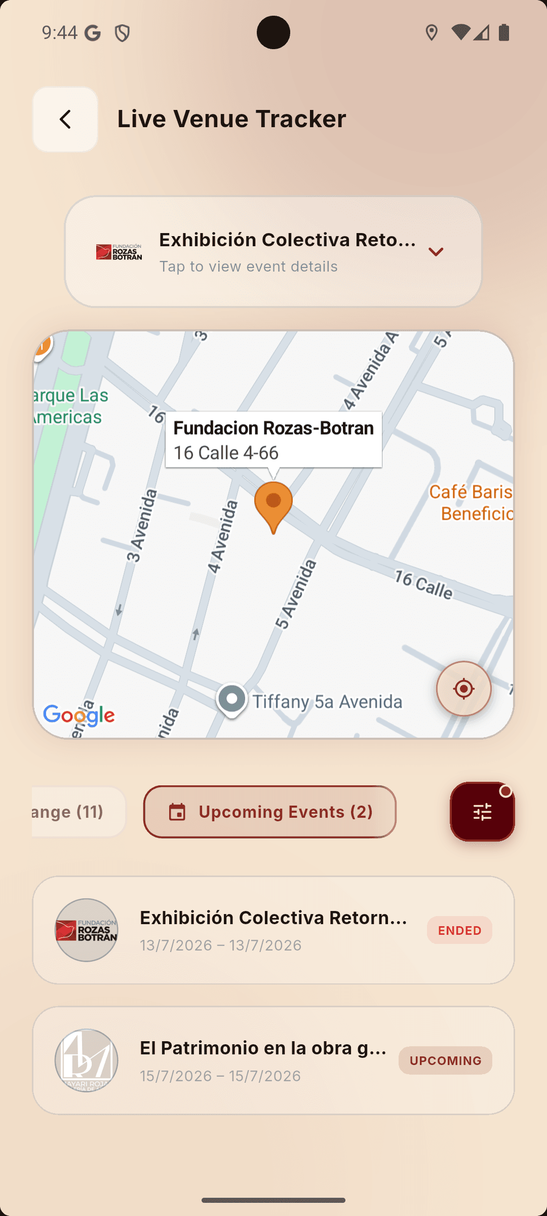 Expanded event card showing venue, time, and route