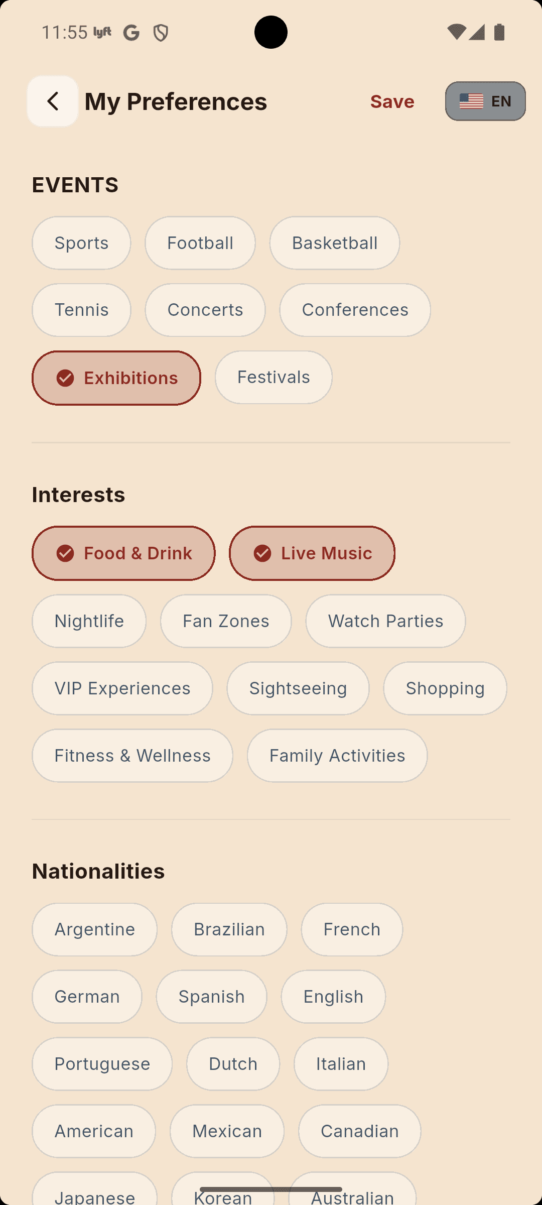 User preferences and personalization screen