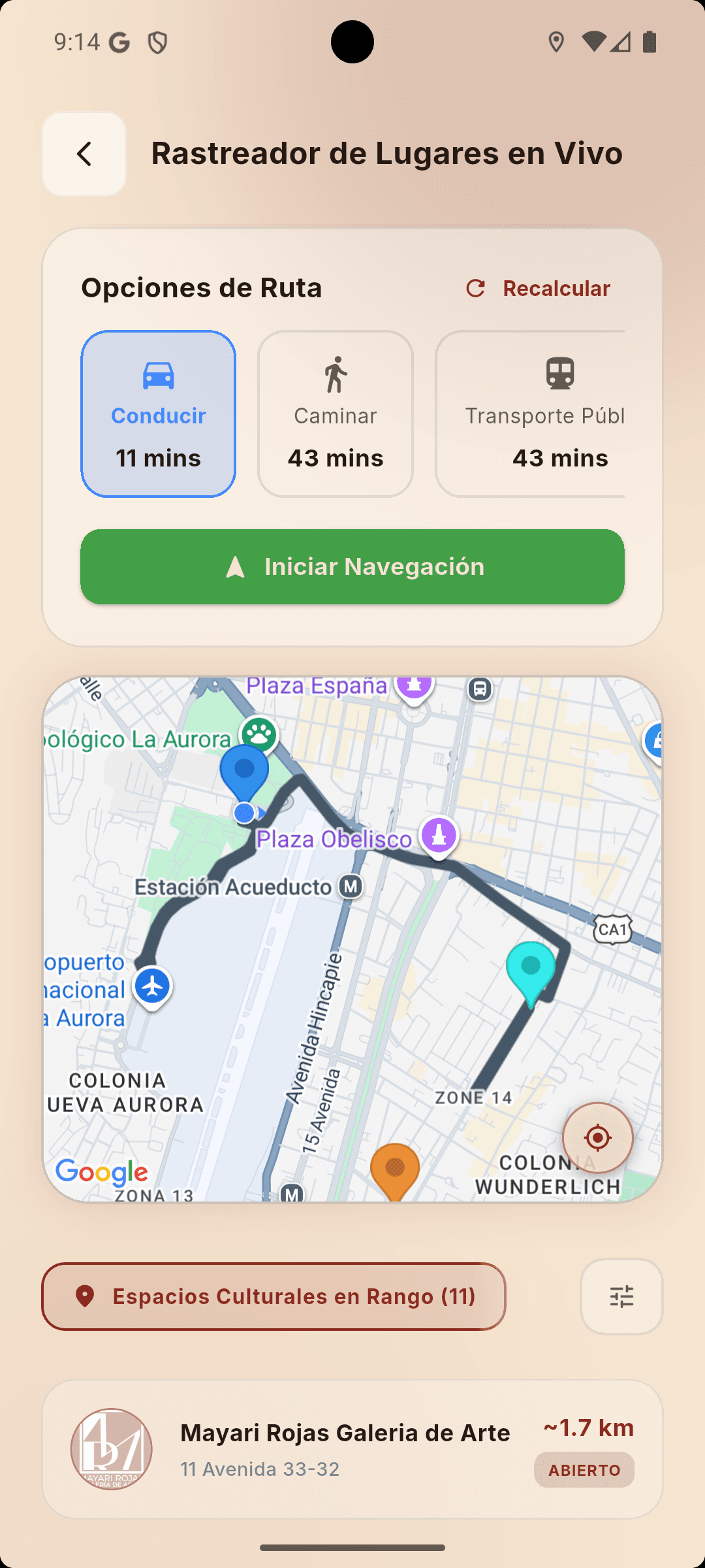 Pantalla de opciones de ruta — caminar, transporte público y vehículo compartido