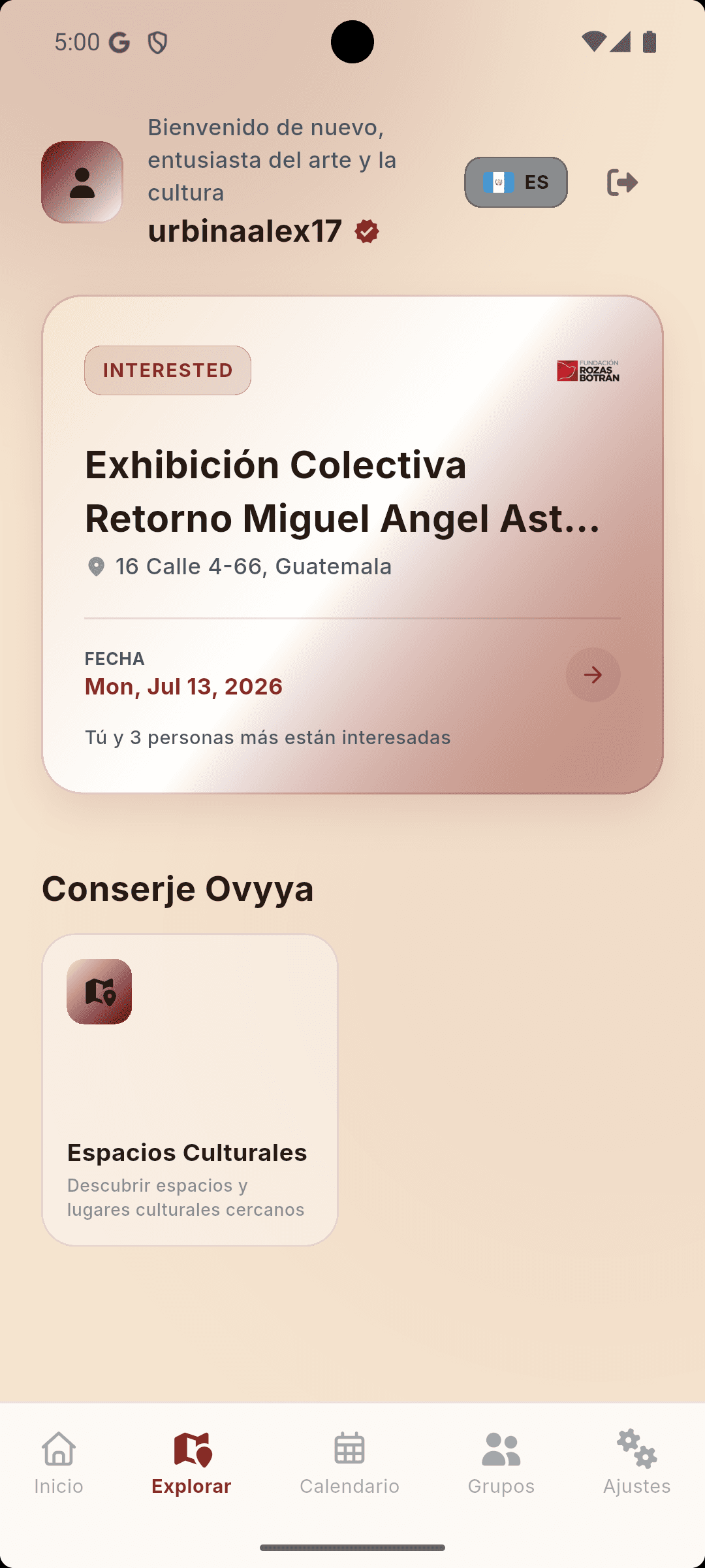 Pantalla de inicio mostrando la próxima exposición arriba