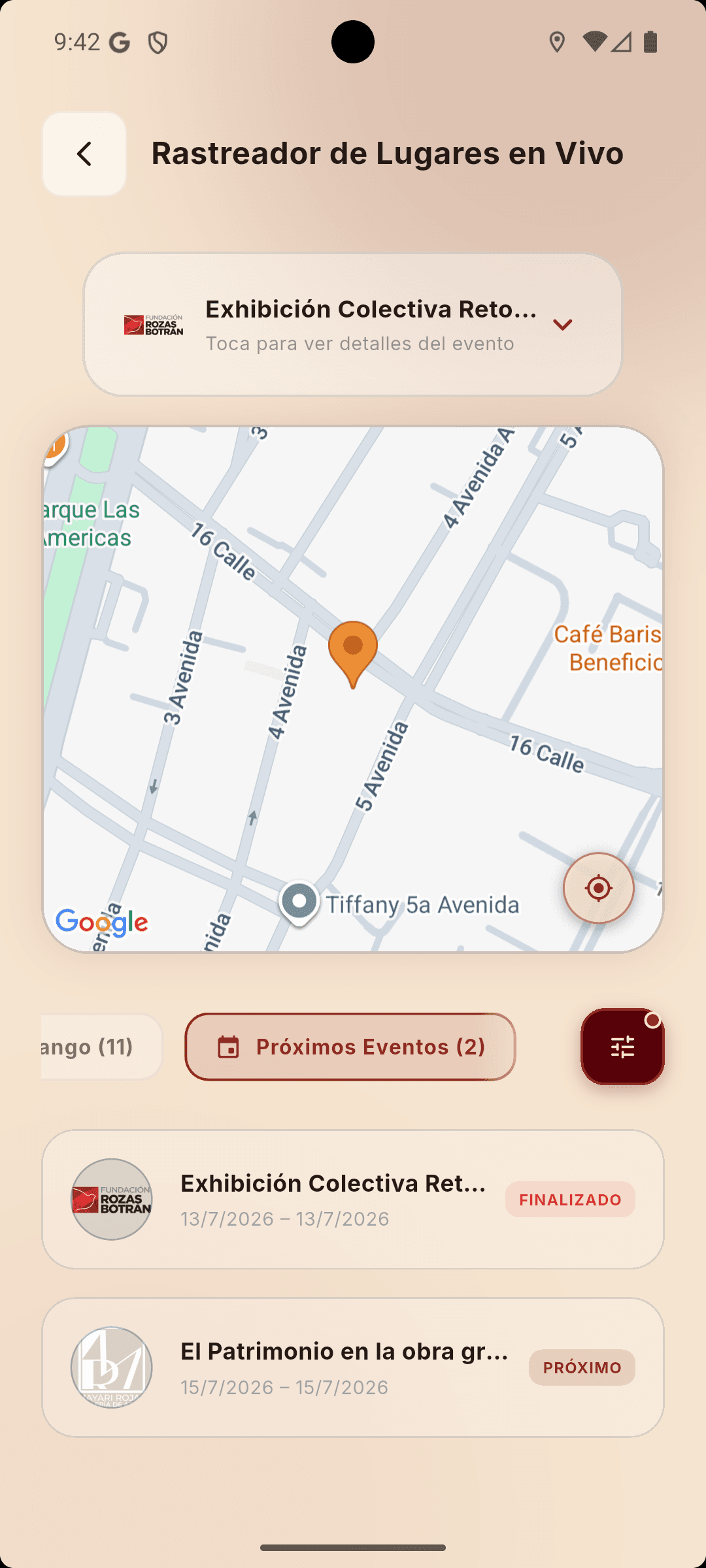 Tarjeta de evento expandida con sede, horario y ruta