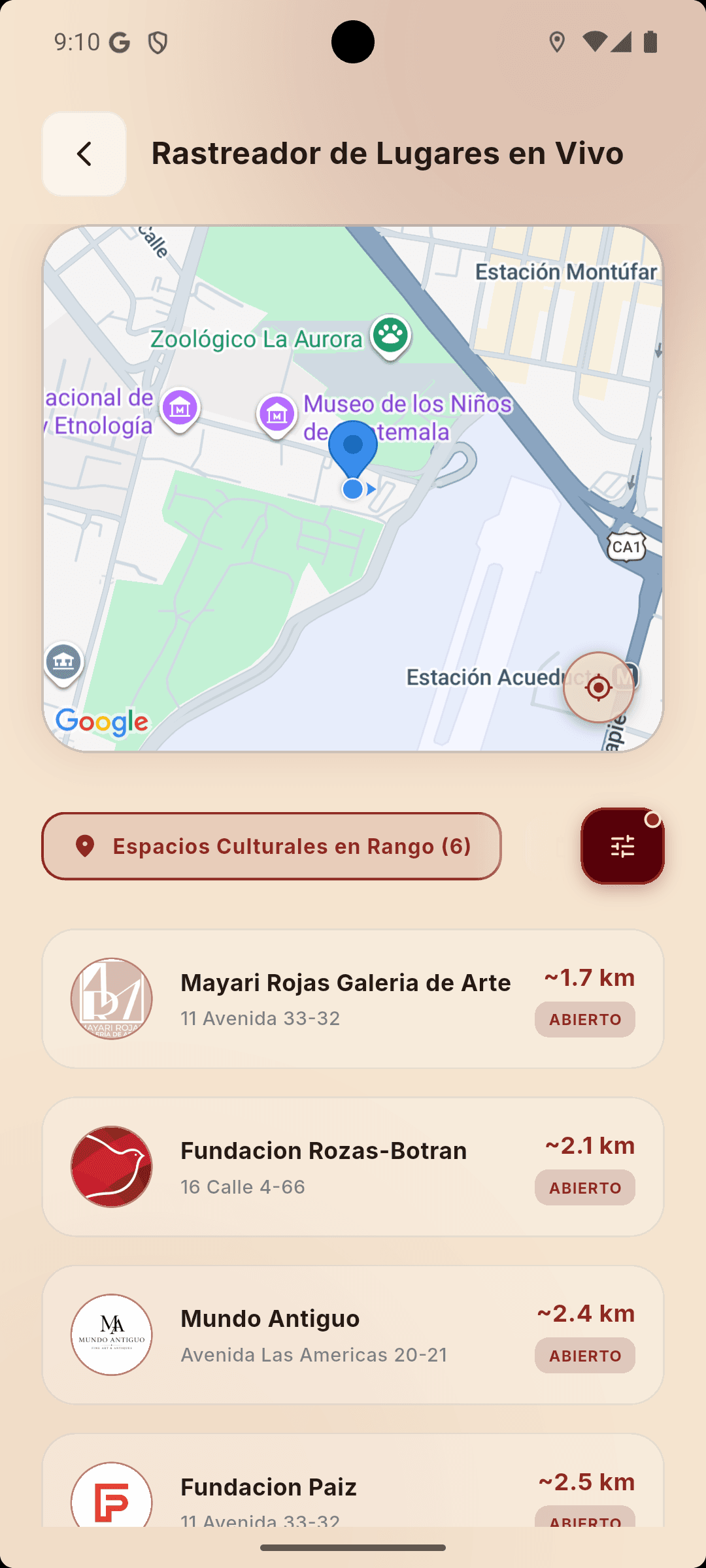 Feed de descubrimiento con las próximas exposiciones culturales
