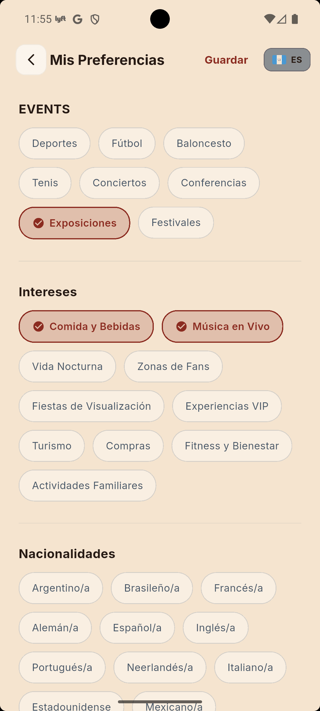 Pantalla de preferencias y personalización de usuario